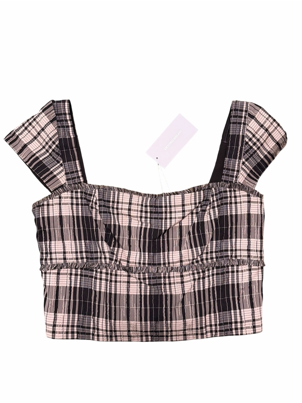 NWT Antonio Melani Gretchen Plaid Square Neck Short Sleeve Crop Top Size 10